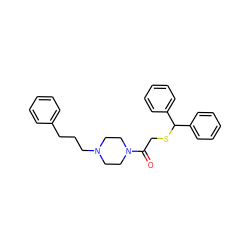 O=C(CSC(c1ccccc1)c1ccccc1)N1CCN(CCCc2ccccc2)CC1 ZINC001772609737