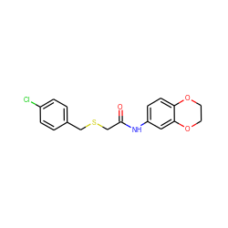 O=C(CSCc1ccc(Cl)cc1)Nc1ccc2c(c1)OCCO2 ZINC000000314666