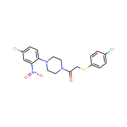 O=C(CSc1ccc(Cl)cc1)N1CCN(c2ccc(Cl)cc2[N+](=O)[O-])CC1 ZINC000008666158