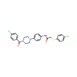 O=C(CSc1ccc(Cl)cc1)Nc1ccc(N2CCN(C(=O)c3ccc(Cl)cc3)CC2)cc1 ZINC000008666217