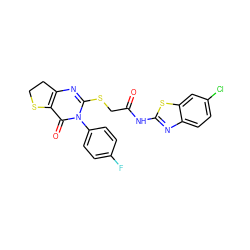 O=C(CSc1nc2c(c(=O)n1-c1ccc(F)cc1)SCC2)Nc1nc2ccc(Cl)cc2s1 ZINC000095582564