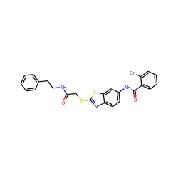 O=C(CSc1nc2ccc(NC(=O)c3ccccc3Br)cc2s1)NCCc1ccccc1 ZINC000000714413