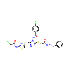 O=C(CSc1nnc(Cc2csc(NC(=O)CCl)n2)n1NC(=O)c1ccc(Cl)cc1)N/N=C/c1ccccc1 ZINC000028815776