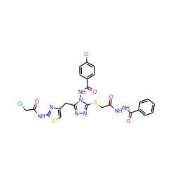 O=C(CSc1nnc(Cc2csc(NC(=O)CCl)n2)n1NC(=O)c1ccc(Cl)cc1)NNC(=O)c1ccccc1 ZINC000028815654