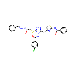 O=C(CSc1nnc(Cc2csc(NC(=O)c3ccccc3)n2)n1NC(=O)c1ccc(Cl)cc1)N/N=C/c1ccccc1 ZINC000028815785