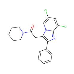 O=C(Cc1c(-c2ccccc2)nc2c(Cl)cc(Cl)cn12)N1CCCCC1 ZINC000013607370