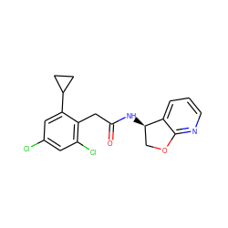 O=C(Cc1c(Cl)cc(Cl)cc1C1CC1)N[C@@H]1COc2ncccc21 ZINC000146606286