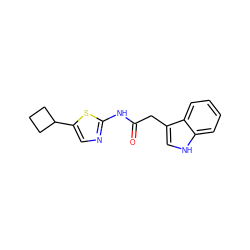 O=C(Cc1c[nH]c2ccccc12)Nc1ncc(C2CCC2)s1 ZINC000028396898