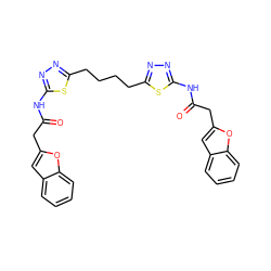 O=C(Cc1cc2ccccc2o1)Nc1nnc(CCCCc2nnc(NC(=O)Cc3cc4ccccc4o3)s2)s1 ZINC000169697980