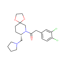 O=C(Cc1ccc(Cl)c(Cl)c1)N1CC2(CC[C@H]1CN1CCCC1)OCCO2 ZINC000013449272