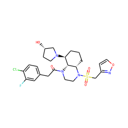 O=C(Cc1ccc(Cl)c(F)c1)N1CCN(S(=O)(=O)Cc2ccon2)[C@H]2CCC[C@H](N3CC[C@H](O)C3)[C@H]21 ZINC001772616039