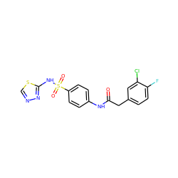 O=C(Cc1ccc(F)c(Cl)c1)Nc1ccc(S(=O)(=O)Nc2nncs2)cc1 ZINC000103250386