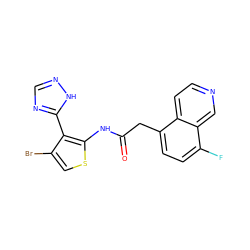 O=C(Cc1ccc(F)c2cnccc12)Nc1scc(Br)c1-c1ncn[nH]1 ZINC000072181506