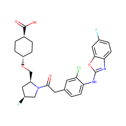 O=C(Cc1ccc(Nc2nc3ccc(F)cc3o2)c(Cl)c1)N1C[C@@H](F)C[C@H]1CO[C@H]1CC[C@H](C(=O)O)CC1 ZINC000253683323