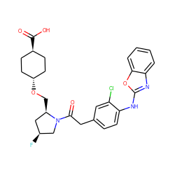 O=C(Cc1ccc(Nc2nc3ccccc3o2)c(Cl)c1)N1C[C@@H](F)C[C@H]1CO[C@H]1CC[C@H](C(=O)O)CC1 ZINC000253679346