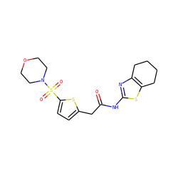 O=C(Cc1ccc(S(=O)(=O)N2CCOCC2)s1)Nc1nc2c(s1)CCCC2 ZINC000003374787