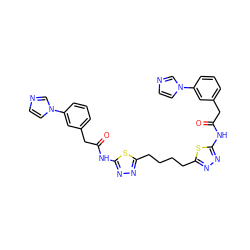 O=C(Cc1cccc(-n2ccnc2)c1)Nc1nnc(CCCCc2nnc(NC(=O)Cc3cccc(-n4ccnc4)c3)s2)s1 ZINC000169698257