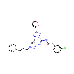 O=C(Cc1cccc(Cl)c1)Nc1nc2nn(CCCc3ccccc3)cc2c2nc(-c3ccco3)nn12 ZINC000045300536