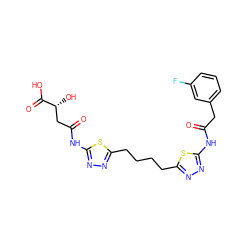 O=C(Cc1cccc(F)c1)Nc1nnc(CCCCc2nnc(NC(=O)C[C@@H](O)C(=O)O)s2)s1 ZINC000223715201