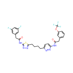 O=C(Cc1cccc(OC(F)(F)F)c1)Nc1ccc(CCCCc2nnc(NC(=O)Cc3cc(F)cc(F)c3)s2)nn1 ZINC000169698687