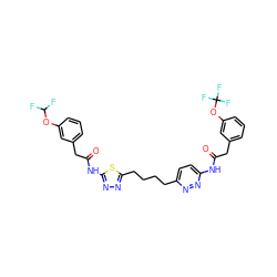 O=C(Cc1cccc(OC(F)(F)F)c1)Nc1ccc(CCCCc2nnc(NC(=O)Cc3cccc(OC(F)F)c3)s2)nn1 ZINC000169698695