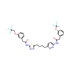 O=C(Cc1cccc(OC(F)(F)F)c1)Nc1ccc(CCCCc2nnc(NC(=O)Cc3cccc(OCC(F)(F)F)c3)s2)nn1 ZINC000169698696