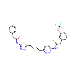 O=C(Cc1cccc(OC(F)(F)F)c1)Nc1ccc(CCCCc2nnc(NC(=O)Cc3ccccc3)s2)nn1 ZINC000169698521