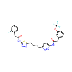 O=C(Cc1cccc(OC(F)(F)F)c1)Nc1ccc(CCCCc2nnc(NC(=O)Cc3ccccc3F)s2)nn1 ZINC000169698700