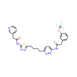 O=C(Cc1cccc(OC(F)(F)F)c1)Nc1ccc(CCCCc2nnc(NC(=O)Cc3cccnc3)s2)nn1 ZINC000169698698