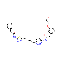 O=C(Cc1cccc(OCCO)c1)Nc1ccc(CCCCc2nnc(NC(=O)Cc3ccccc3)s2)nn1 ZINC000169698416