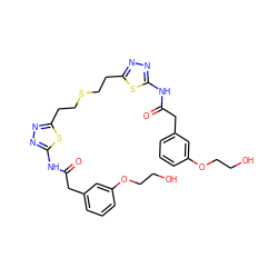 O=C(Cc1cccc(OCCO)c1)Nc1nnc(CCSCCc2nnc(NC(=O)Cc3cccc(OCCO)c3)s2)s1 ZINC000169698051