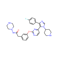 O=C(Cc1cccc(Oc2nccc(-c3c(-c4ccc(F)cc4)ncn3C3CCNCC3)n2)c1)NN1CCNCC1 ZINC000071280673