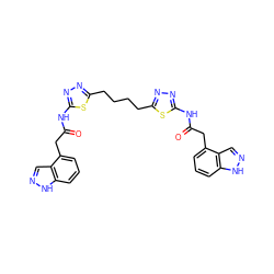 O=C(Cc1cccc2[nH]ncc12)Nc1nnc(CCCCc2nnc(NC(=O)Cc3cccc4[nH]ncc34)s2)s1 ZINC000261078493