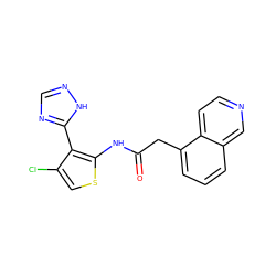 O=C(Cc1cccc2cnccc12)Nc1scc(Cl)c1-c1ncn[nH]1 ZINC000066077423