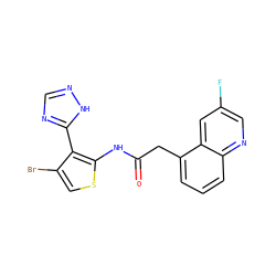 O=C(Cc1cccc2ncc(F)cc12)Nc1scc(Br)c1-c1ncn[nH]1 ZINC000072181377