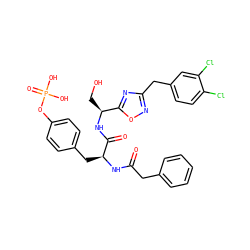 O=C(Cc1ccccc1)N[C@@H](Cc1ccc(OP(=O)(O)O)cc1)C(=O)N[C@@H](CO)c1nc(Cc2ccc(Cl)c(Cl)c2)no1 ZINC000027416998