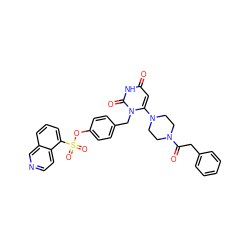 O=C(Cc1ccccc1)N1CCN(c2cc(=O)[nH]c(=O)n2Cc2ccc(OS(=O)(=O)c3cccc4cnccc34)cc2)CC1 ZINC000653802185