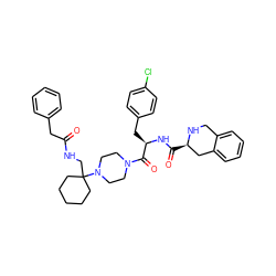 O=C(Cc1ccccc1)NCC1(N2CCN(C(=O)[C@@H](Cc3ccc(Cl)cc3)NC(=O)[C@@H]3Cc4ccccc4CN3)CC2)CCCCC1 ZINC000028529590