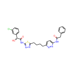 O=C(Cc1ccccc1)Nc1ccc(CCCCc2nnc(NC(=O)[C@@H](O)c3cccc(Cl)c3)s2)nn1 ZINC000169698205