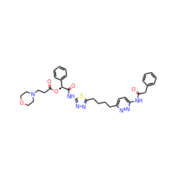 O=C(Cc1ccccc1)Nc1ccc(CCCCc2nnc(NC(=O)[C@@H](OC(=O)CCN3CCOCC3)c3ccccc3)s2)nn1 ZINC000169698227