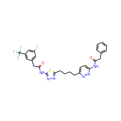 O=C(Cc1ccccc1)Nc1ccc(CCCCc2nnc(NC(=O)Cc3cc(F)cc(C(F)(F)F)c3)s2)nn1 ZINC000169698313