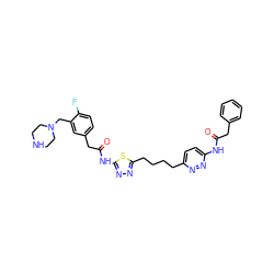 O=C(Cc1ccccc1)Nc1ccc(CCCCc2nnc(NC(=O)Cc3ccc(F)c(CN4CCNCC4)c3)s2)nn1 ZINC000169698408