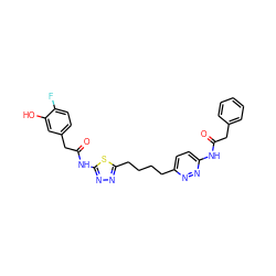 O=C(Cc1ccccc1)Nc1ccc(CCCCc2nnc(NC(=O)Cc3ccc(F)c(O)c3)s2)nn1 ZINC000169698452