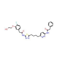 O=C(Cc1ccccc1)Nc1ccc(CCCCc2nnc(NC(=O)Cc3ccc(F)c(OCCO)c3)s2)nn1 ZINC000169698454