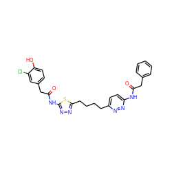 O=C(Cc1ccccc1)Nc1ccc(CCCCc2nnc(NC(=O)Cc3ccc(O)c(Cl)c3)s2)nn1 ZINC000169698230