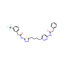 O=C(Cc1ccccc1)Nc1ccc(CCCCc2nnc(NC(=O)Cc3cccc(C(F)(F)F)c3)s2)nn1 ZINC000169698462