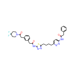 O=C(Cc1ccccc1)Nc1ccc(CCCCc2nnc(NC(=O)Cc3cccc(CC(=O)N4CCC(F)(F)CC4)c3)s2)nn1 ZINC000169698388