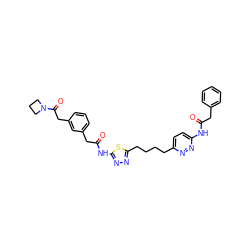 O=C(Cc1ccccc1)Nc1ccc(CCCCc2nnc(NC(=O)Cc3cccc(CC(=O)N4CCC4)c3)s2)nn1 ZINC000169698400