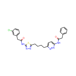 O=C(Cc1ccccc1)Nc1ccc(CCCCc2nnc(NC(=O)Cc3cccc(Cl)c3)s2)nn1 ZINC000169698229