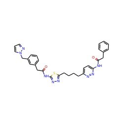 O=C(Cc1ccccc1)Nc1ccc(CCCCc2nnc(NC(=O)Cc3cccc(Cn4cccn4)c3)s2)nn1 ZINC000169698292